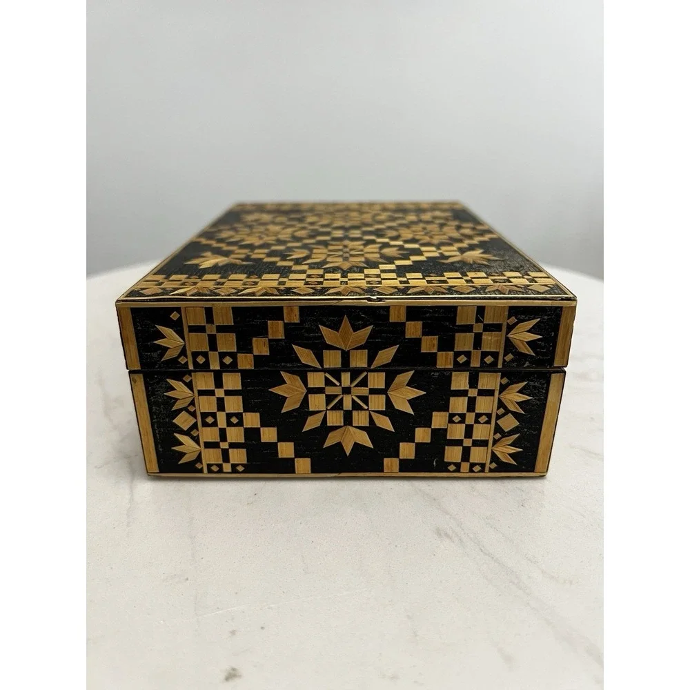 Vtg USSR Straw Marquetry Inlay Wood Jewelry Trinket Box Russia Folk‎ Art Boho